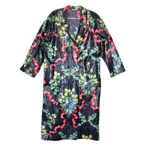 Vintage Nordic House Maxi Rain Jacket Coated Cotton Navy Multi Floral Print SEE